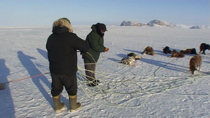 Un Inuit deshaciendo el lío de cuerdas del trineo de perros - Expedición Nanoq 2007