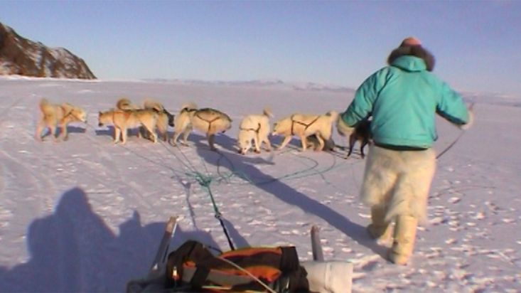 Manumina situando a los perros frente a la cabaña de Quinissut - Expedición Thule - 2004